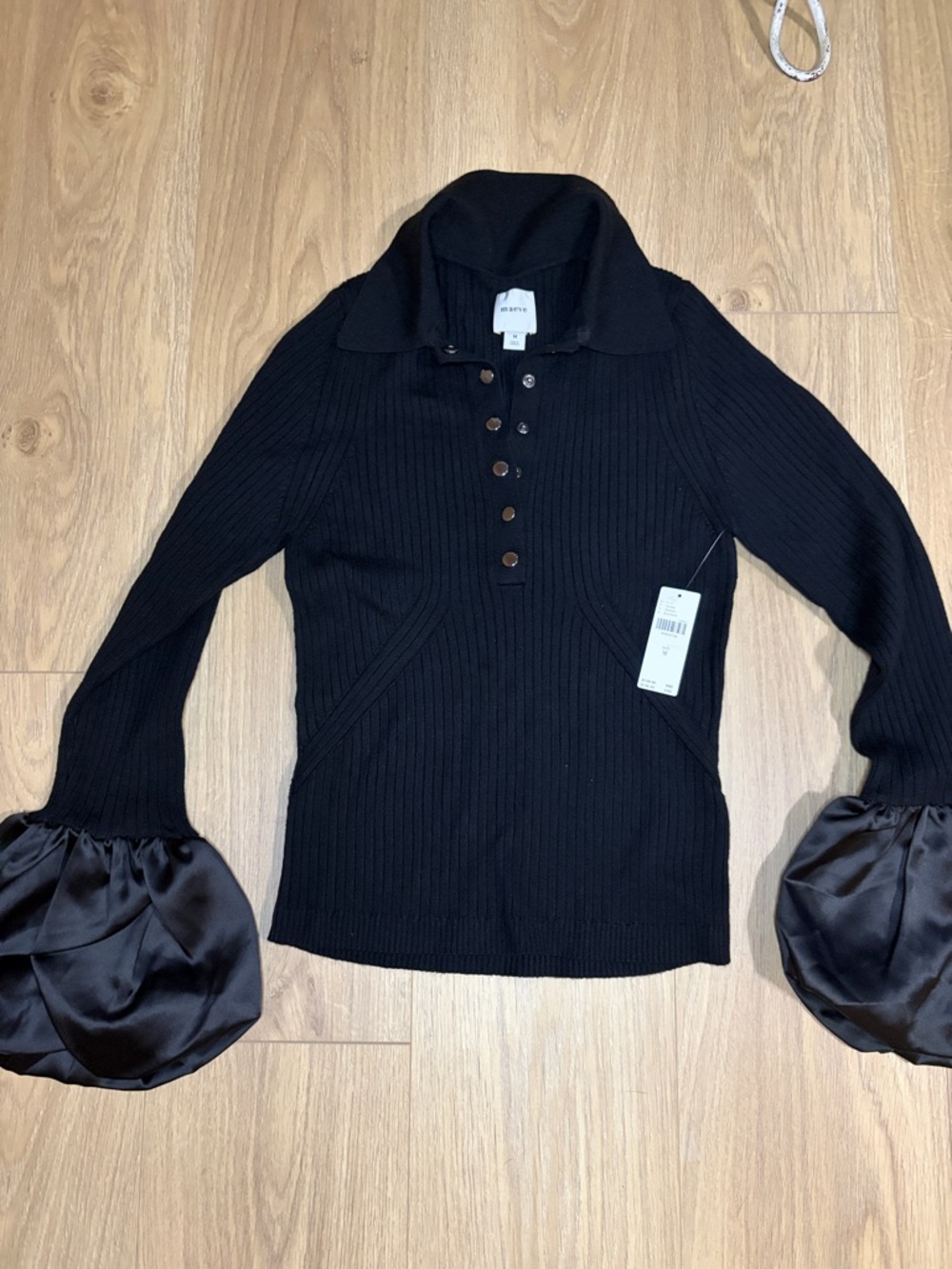Anthropologie Black Ribbed Pullover with Satin Balloon Cuffs